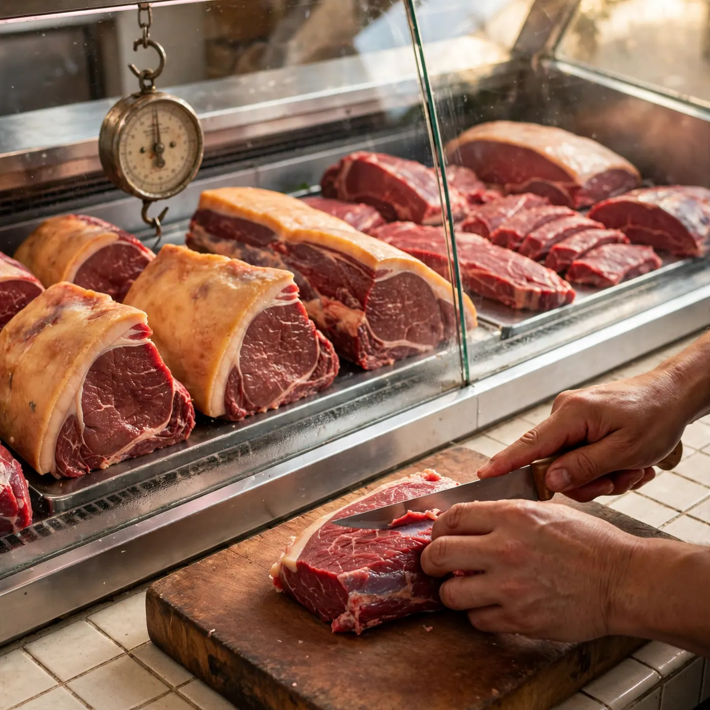 Hands trimming a beef cut on a wooden board in front of a refrigerated meat case and a hanging analog scale