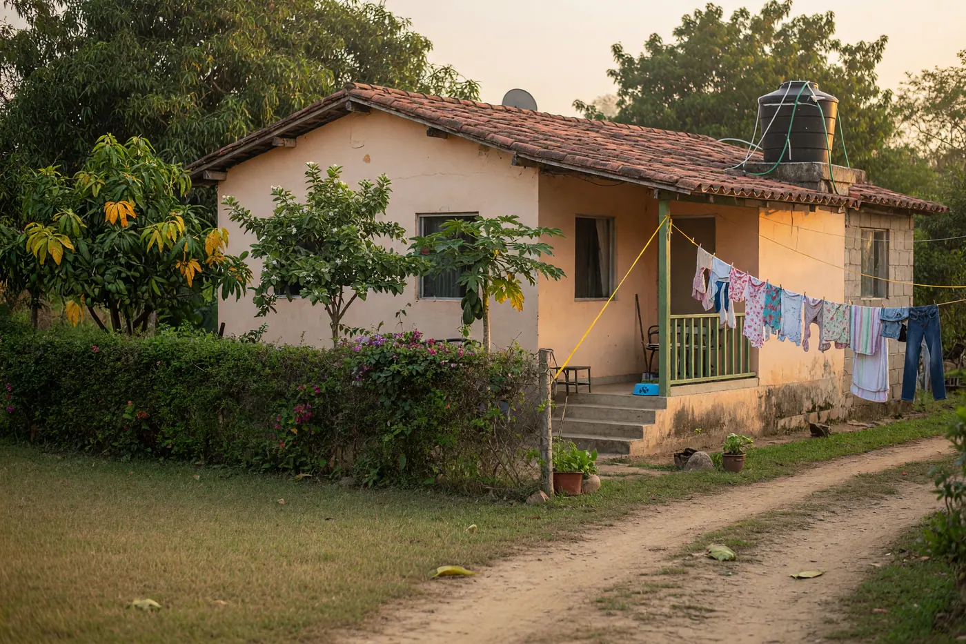 Modest peach casa campestre with clay-tile roof, porch laundry line, rooftop water tank, and dirt track