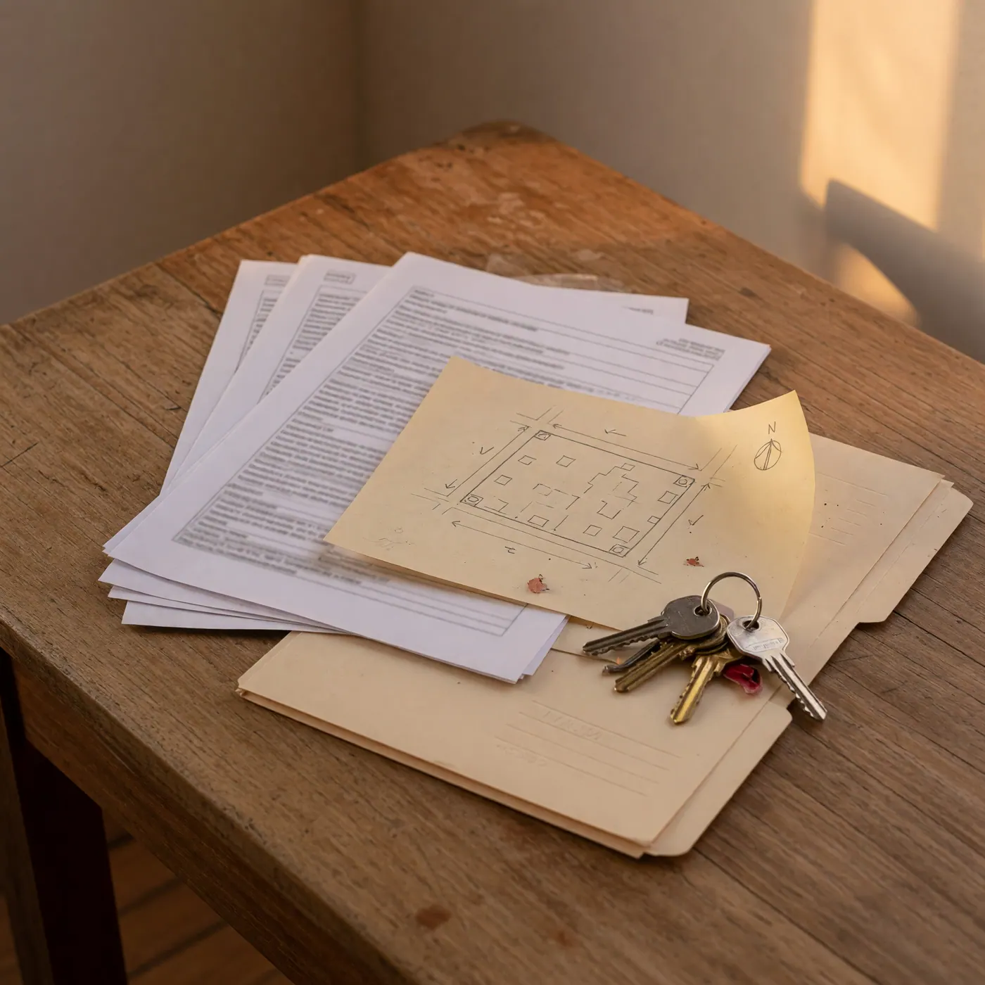 House keys, a manila folder, and printed documents with a simple site-plan sketch on a wooden table