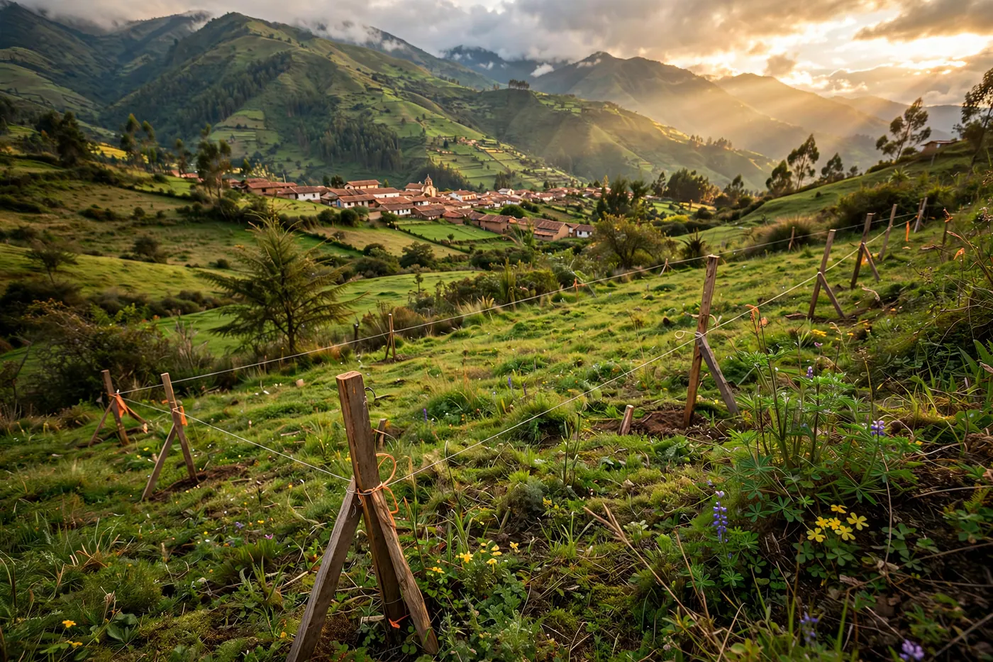 Green building plot on a Colombian mountain hillside with wooden boundary markers overlooking the Andean valley