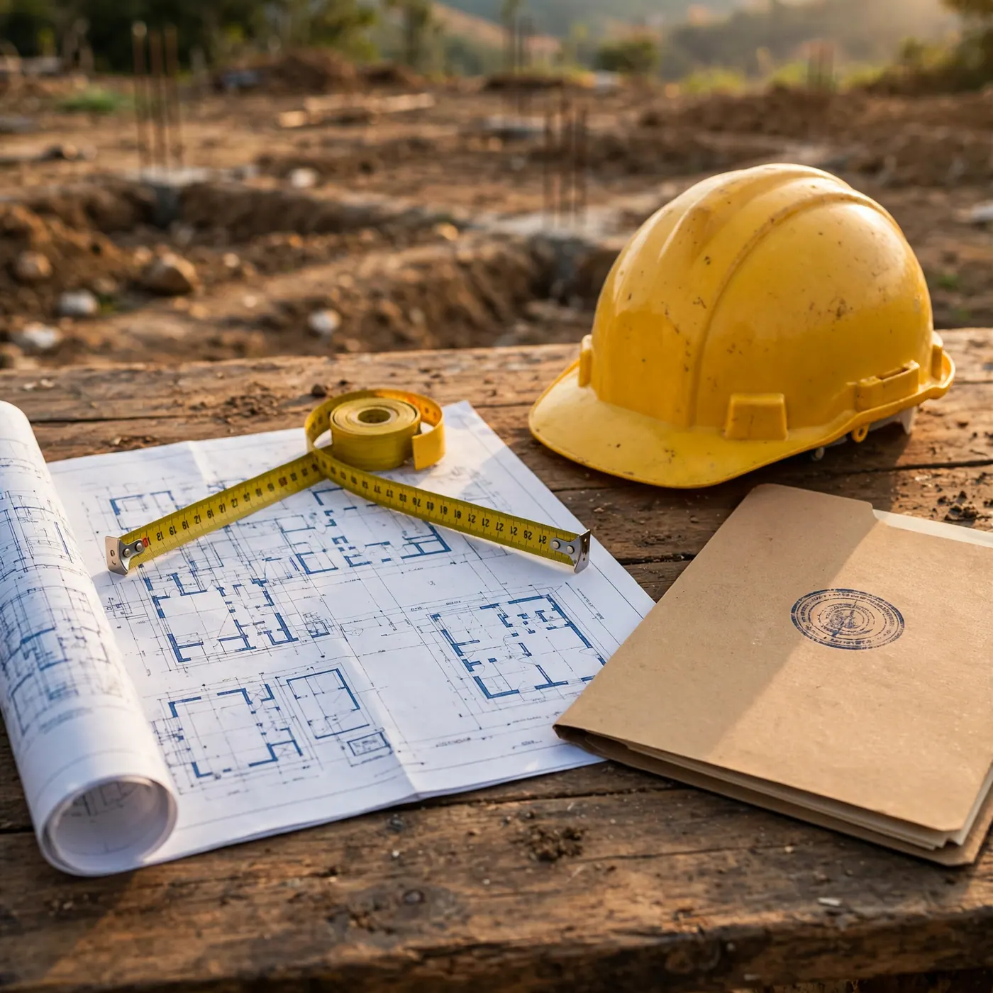 Blueprints, tape measure, and construction documents resting on a wooden table at a residential building site