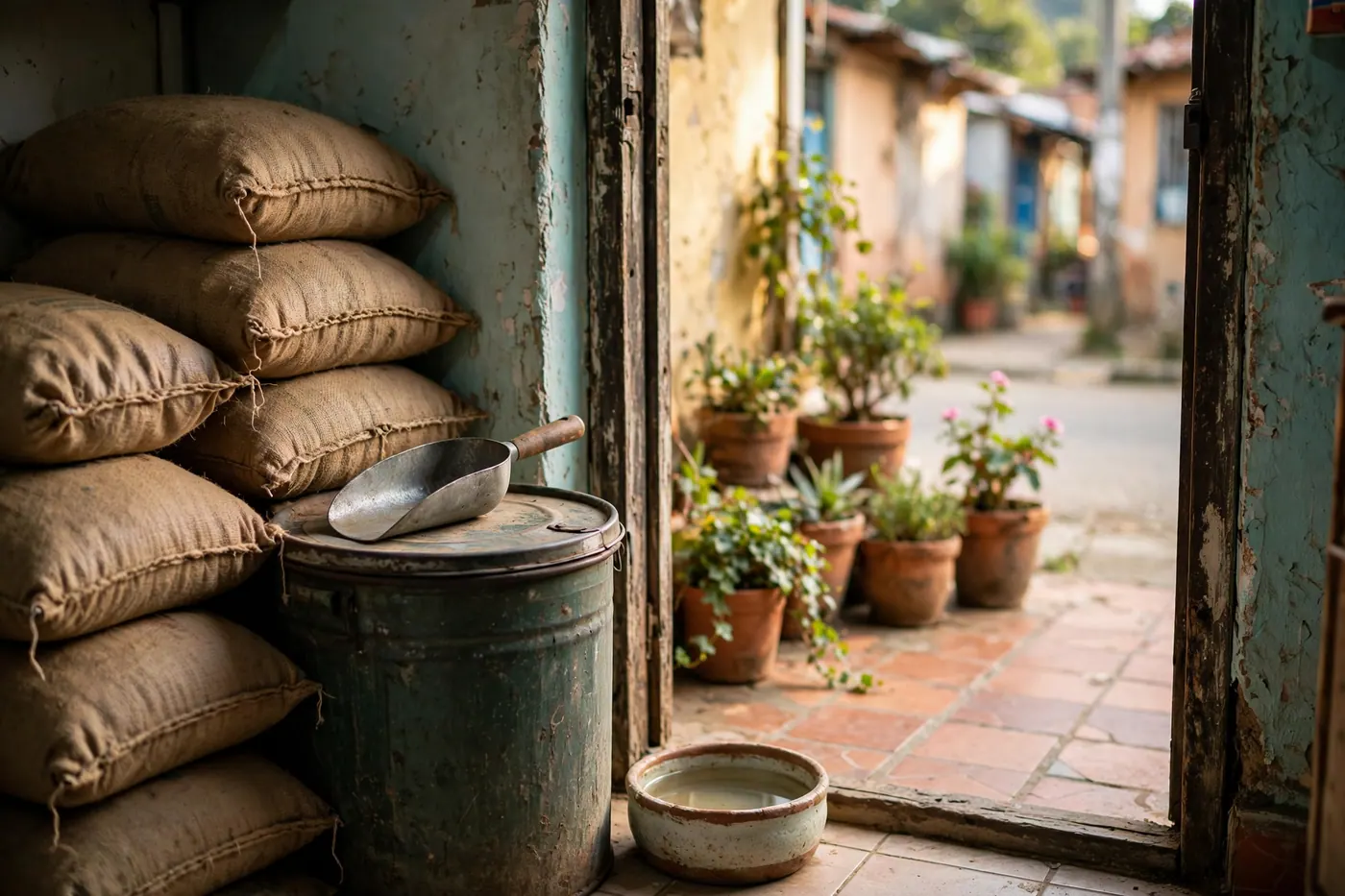 Doorway of a small neighborhood pet shop with stacked food sacks, a closed metal bin with a scoop, a water bowl and potted