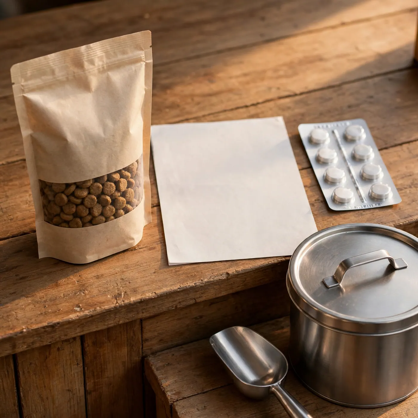 Sealed kibble bag beside a blank prescription sheet and a blister pack on a wooden shop counter, with a steel scoop nearby