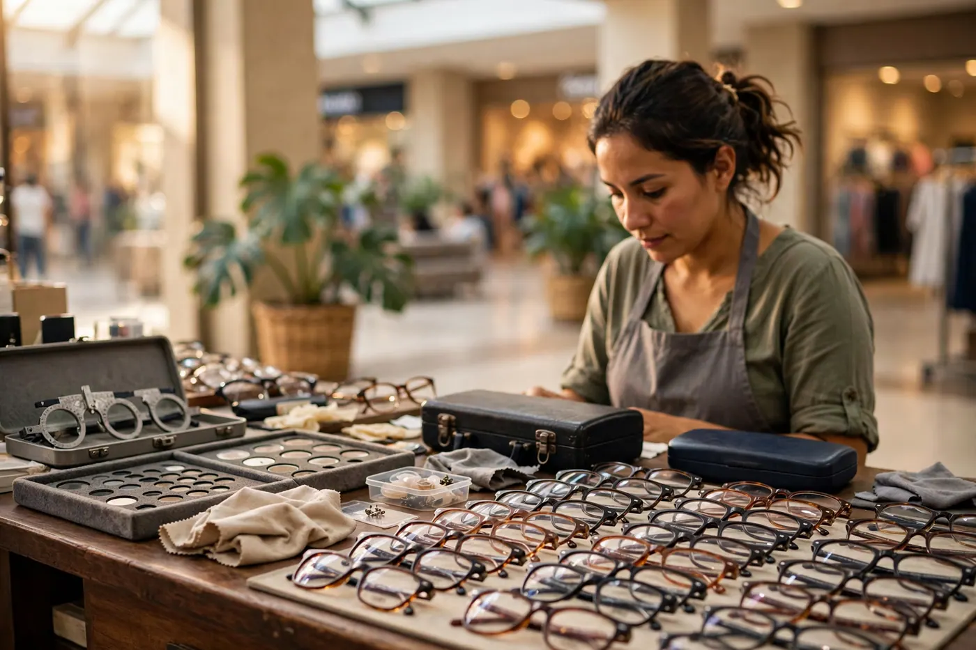 Optical shop counter with rows of plastic and metal frames, a felt tray and a lens case under warm light