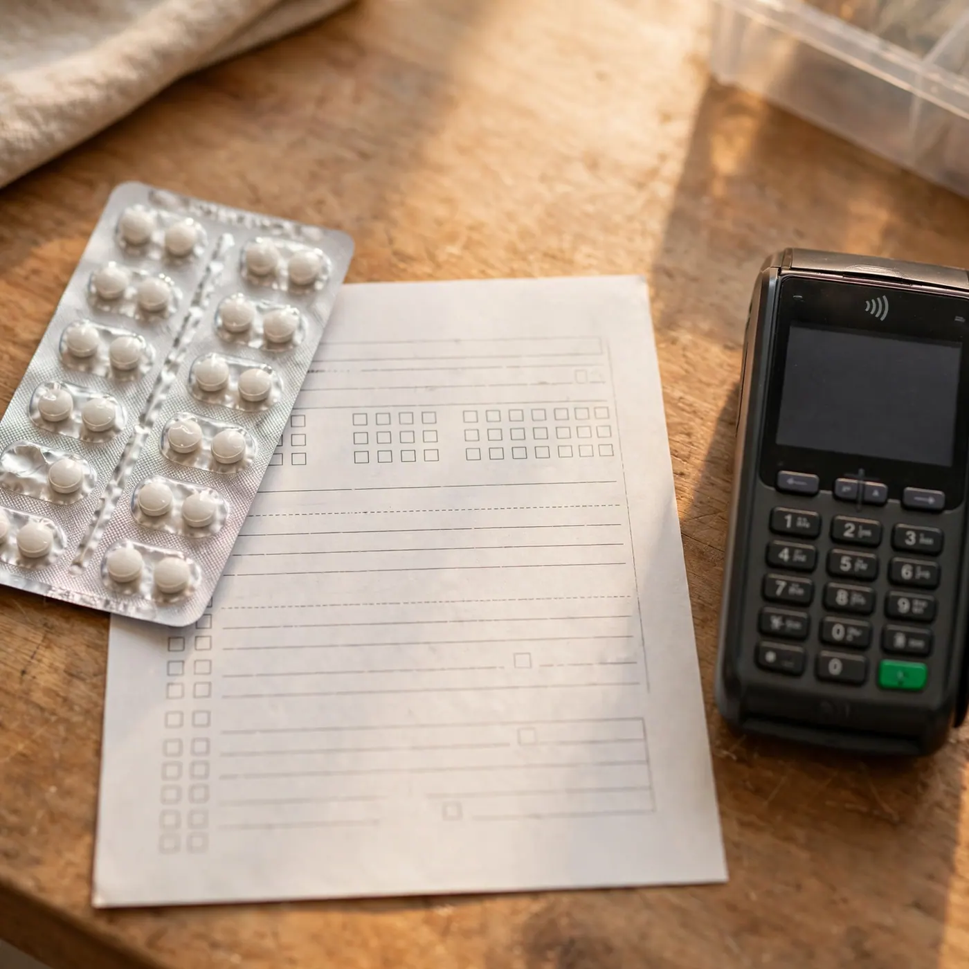 Blister pack of tablets and a printed prescription form beside a card terminal on a pharmacy counter