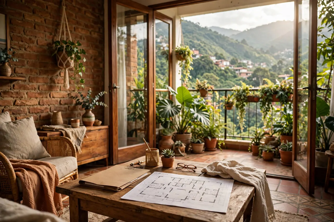 Sunlit Colombian apartment balcony overlooking mountain hillsides with architectural floor plans on a wooden table