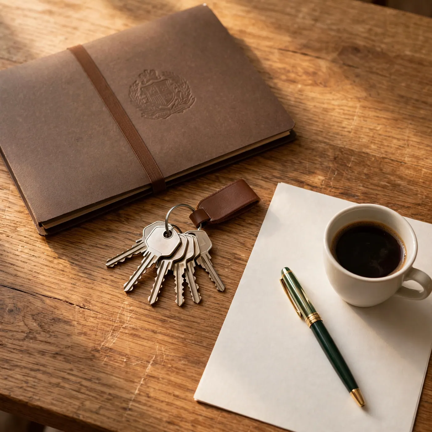 Apartment keys and closed legal document folder resting on a wooden desk with a cup of coffee