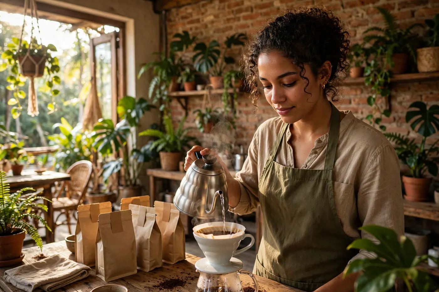 Barista pouring water over a manual coffee dripper on a wooden counter with kraft coffee bags in the background