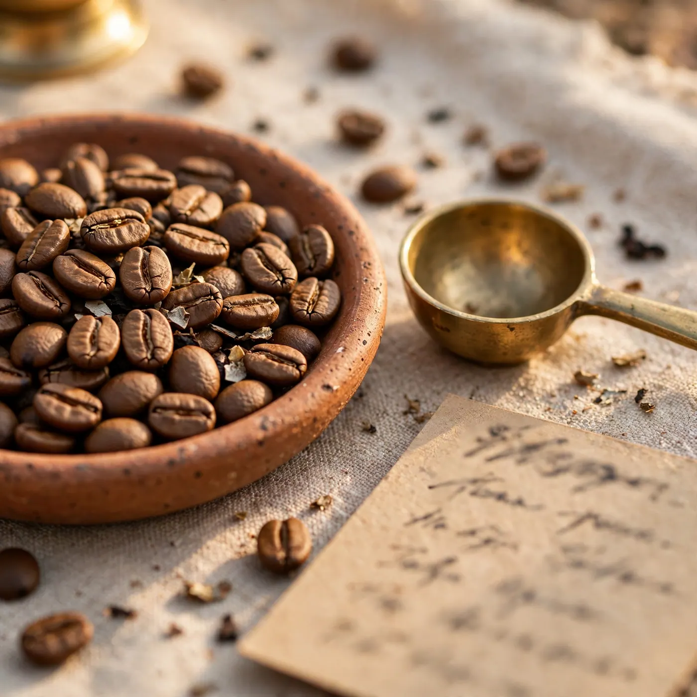Whole roasted coffee beans in a shallow clay bowl beside a cupping spoon and a handwritten tasting card