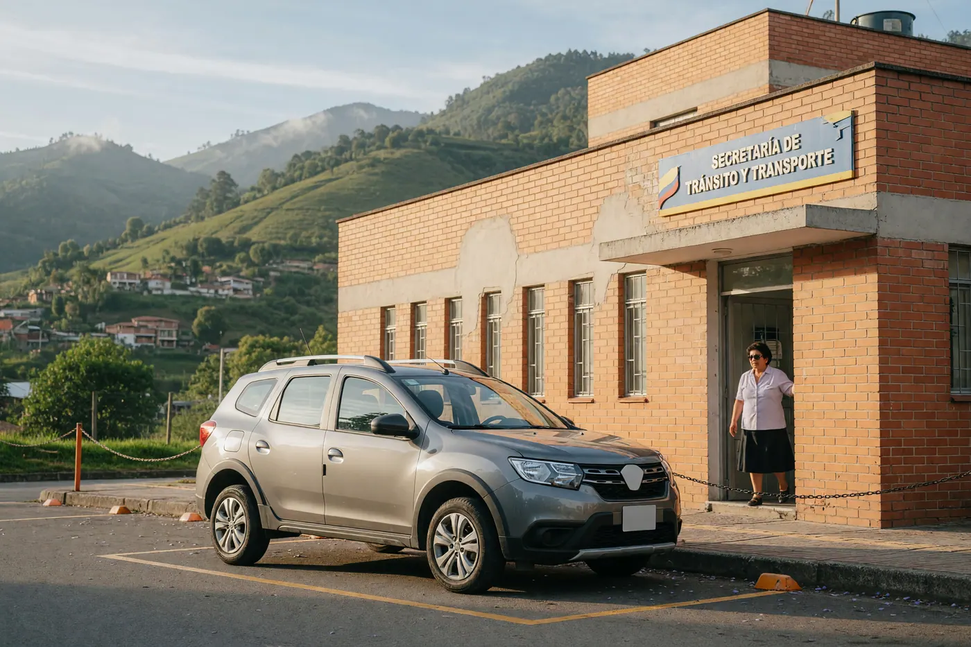Secondhand car parked outside a Colombian municipal transit office with green mountains in the background.