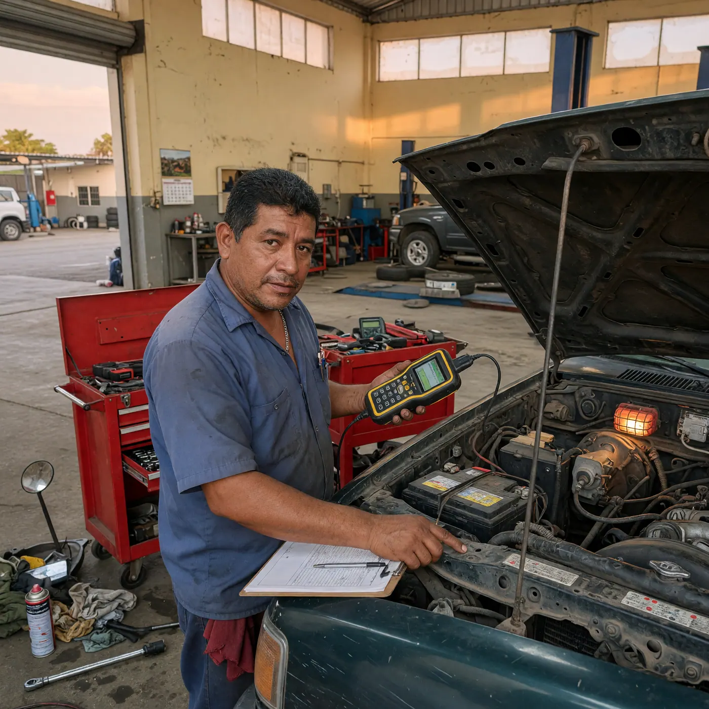 Automotive mechanic inspecting a car engine bay with a diagnostic tool in a Colombian workshop.