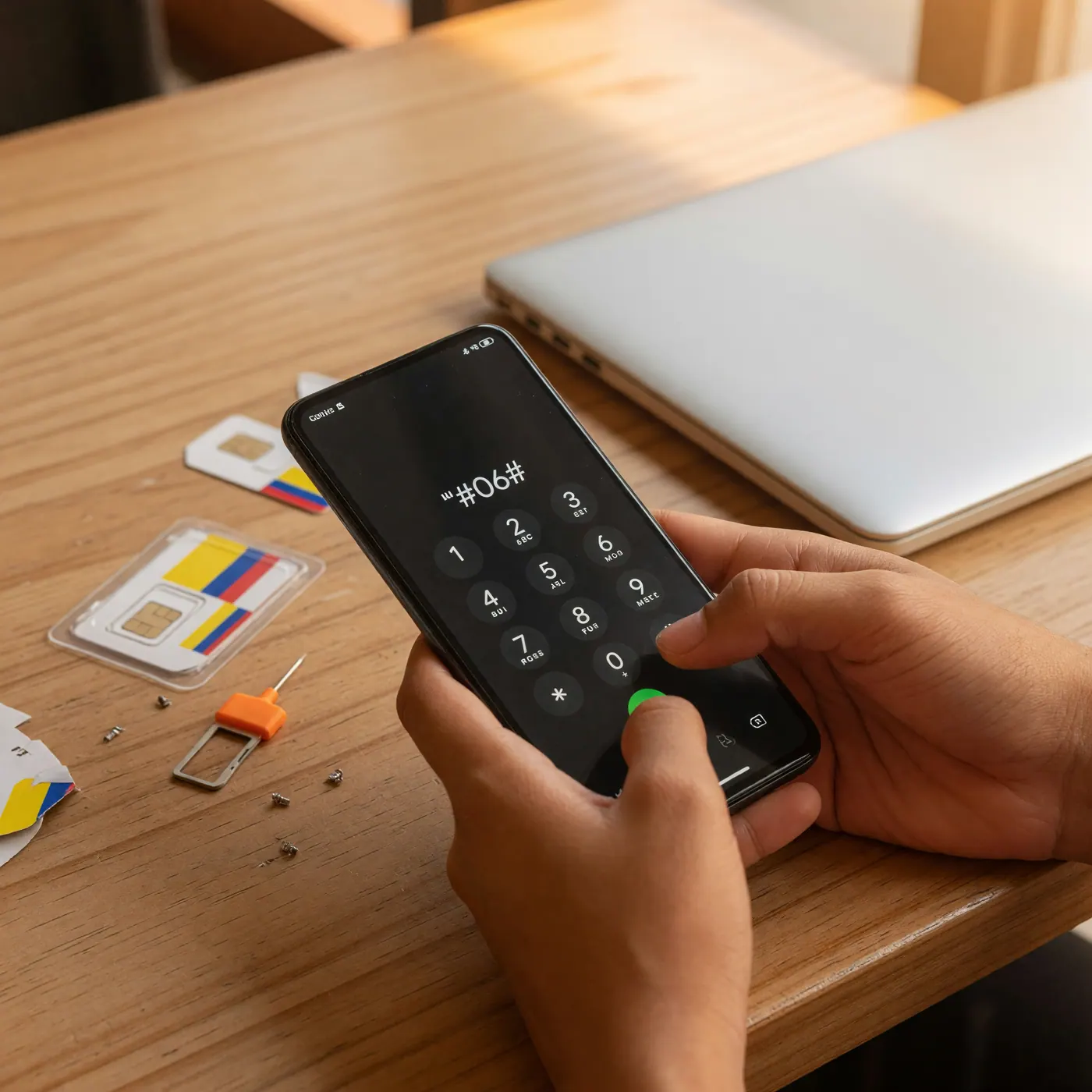 Hands using a smartphone dialer beside a laptop and SIM cards on a wooden table