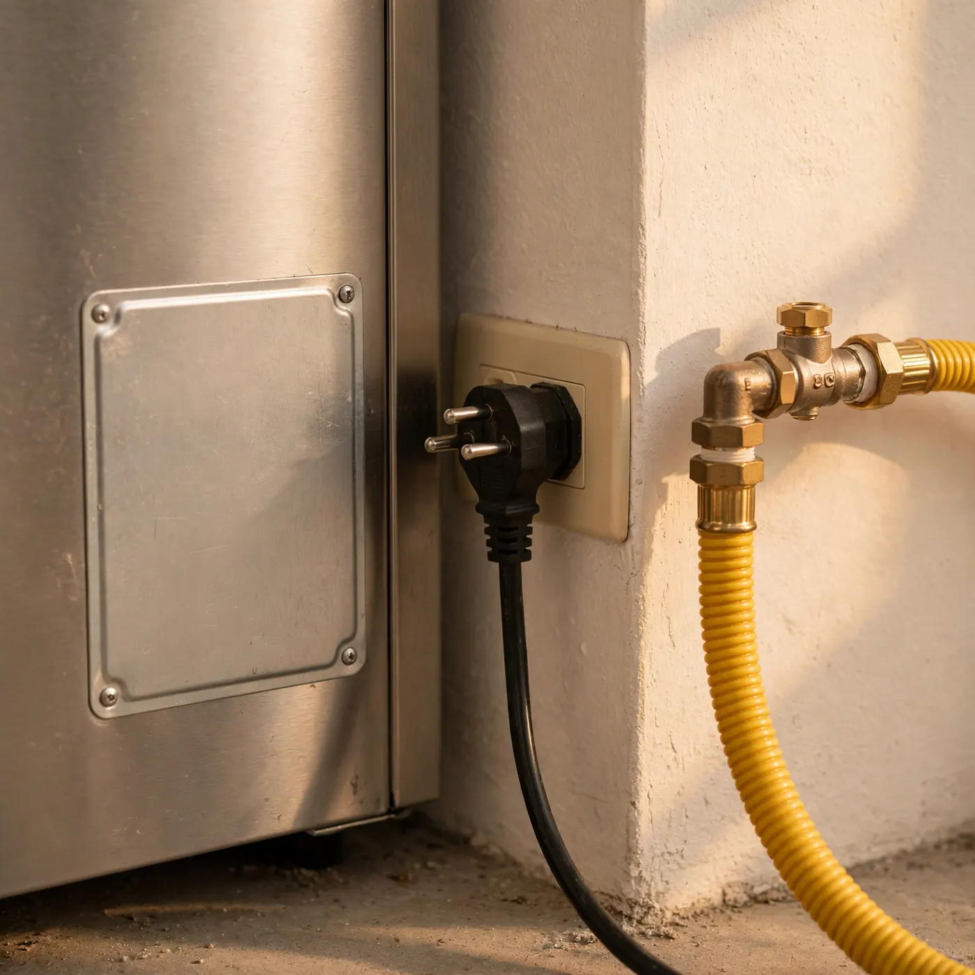 Back of a stove showing a metal rating plate, a three-pin plug and a gas hose meeting the wall