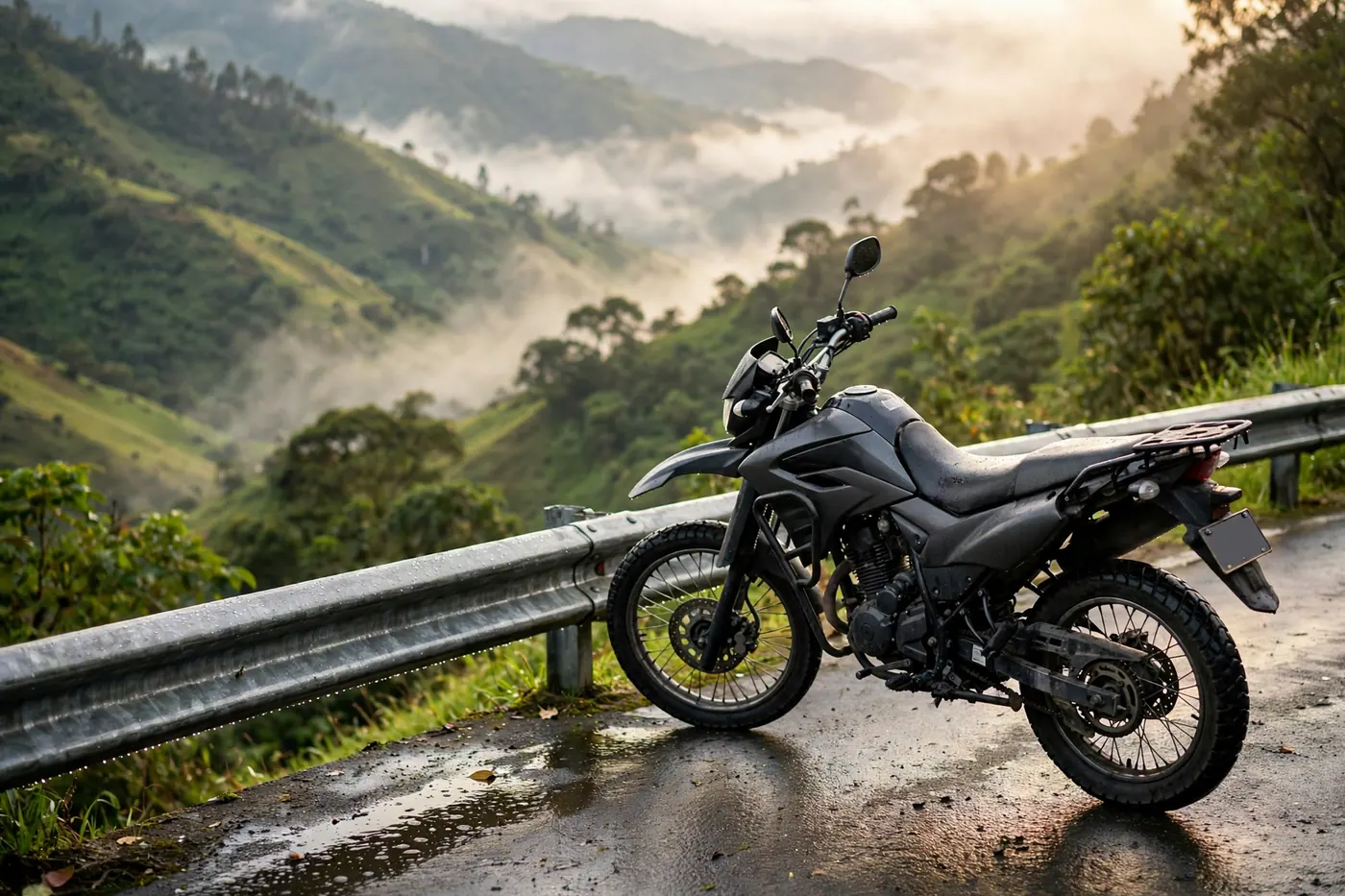 Secondhand street motorcycle parked alongside an Andean mountain road in Colombia