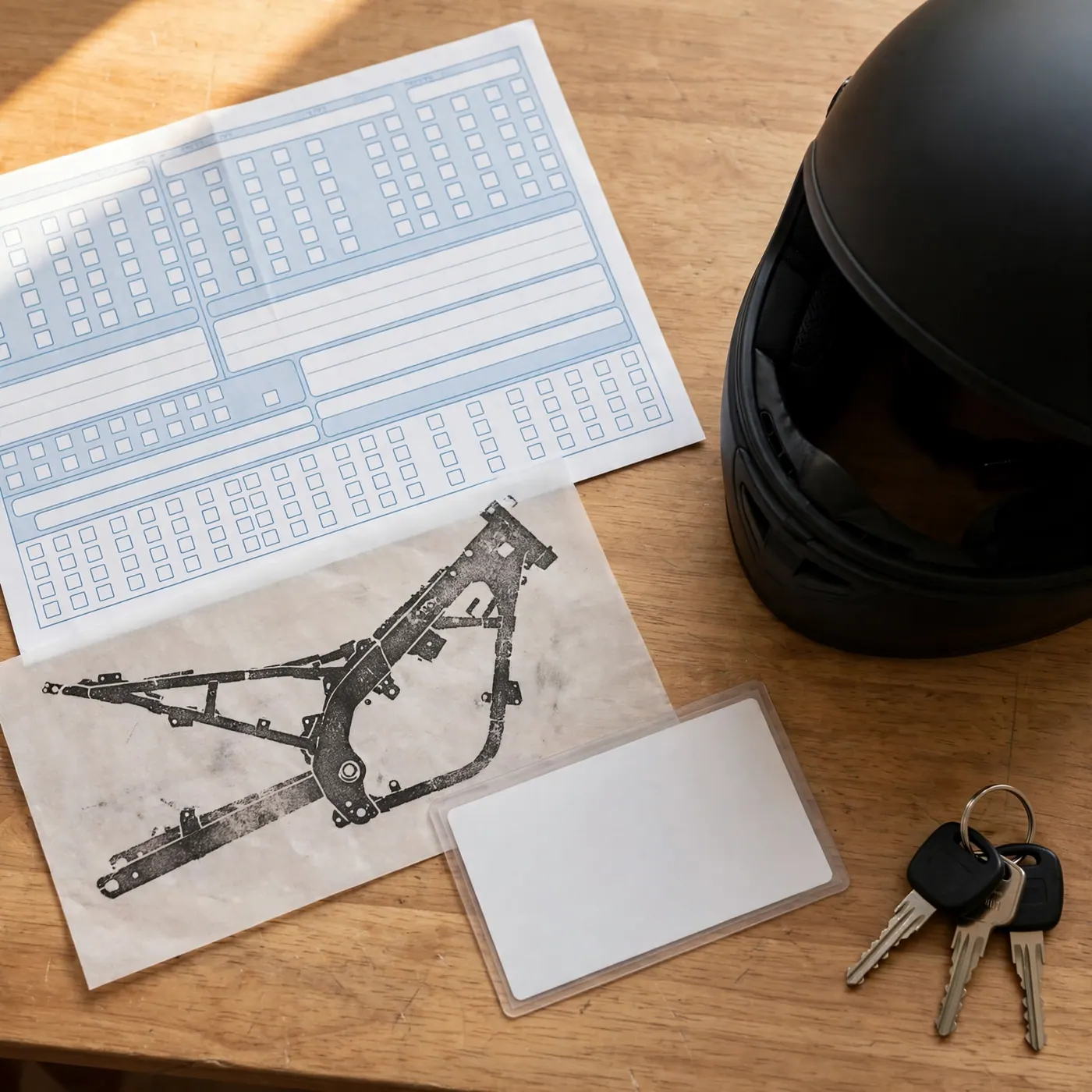Official Colombian vehicle transfer form, motorcycle keys, and registration paperwork on an office desk