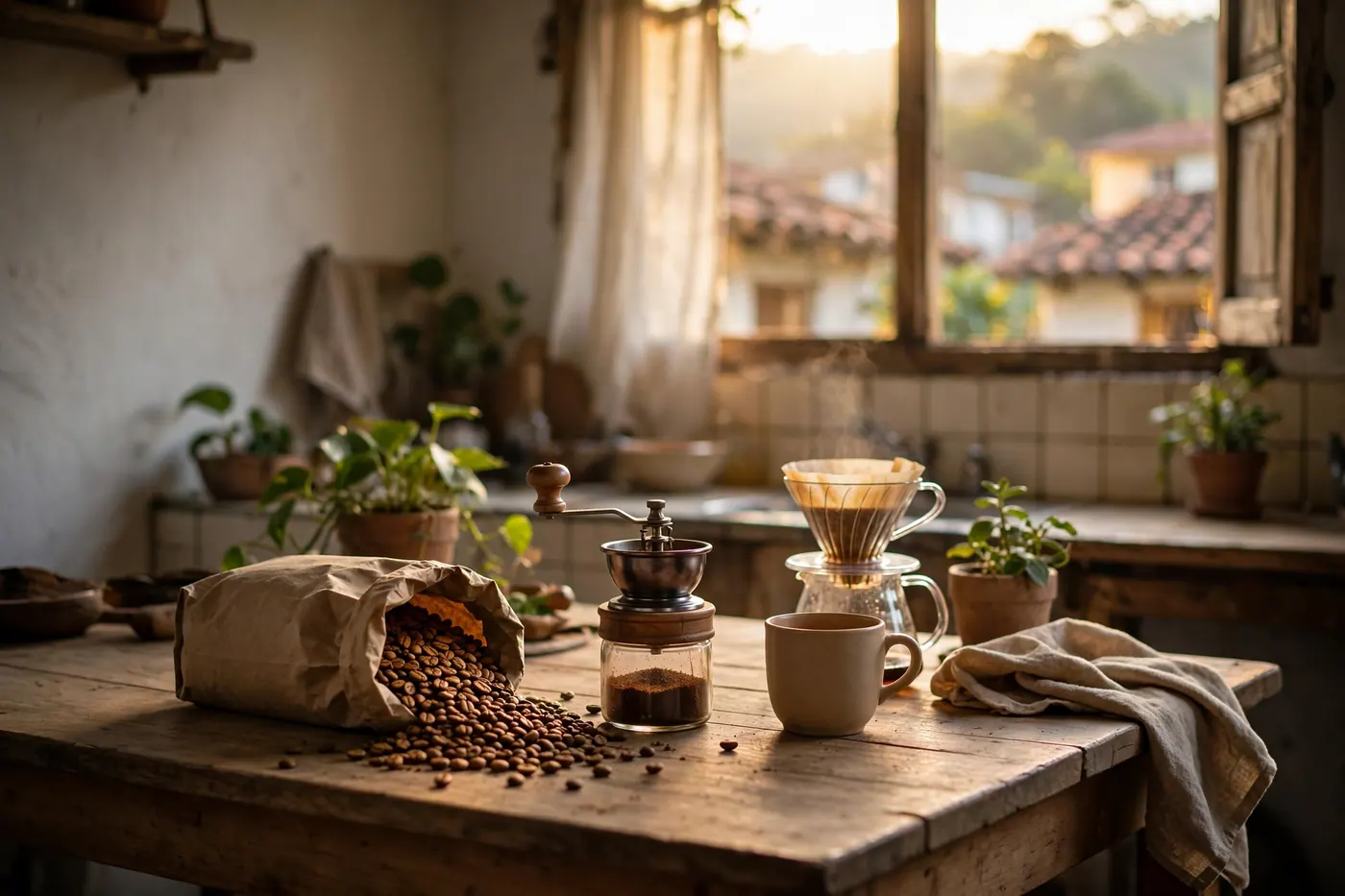 Cocina colombiana al amanecer con bolsa de café en grano, molino de muelas, taza de cerámica y prensa junto a la ventana
