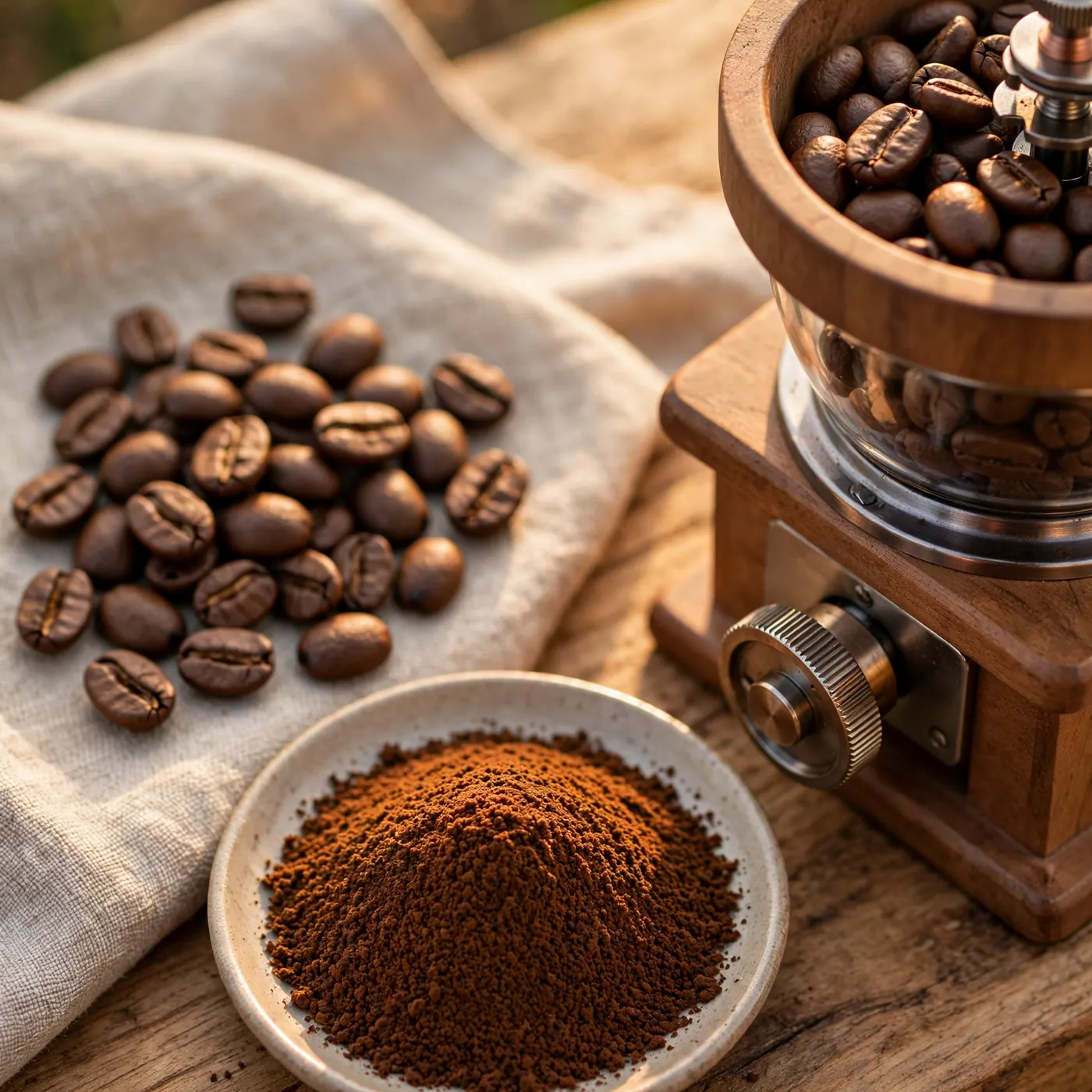 Granos de café enteros junto a café molido uniforme y la rueda de ajuste de un molino de muelas