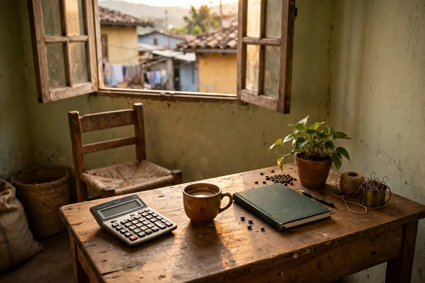 Escritorio de oficina pequeña con calculadora, taza de café, cuaderno cerrado y una planta bajo luz de ventana