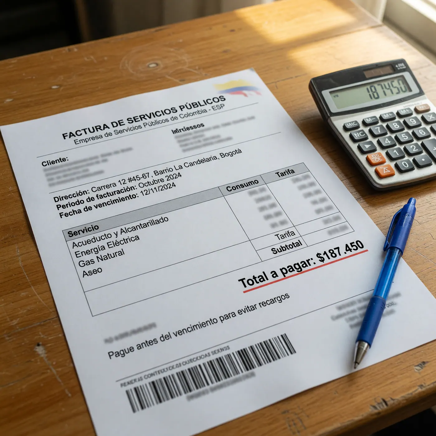 Factura de servicios públicos domiciliarios sobre mesa de madera junto a calculadora digital y bolígrafo