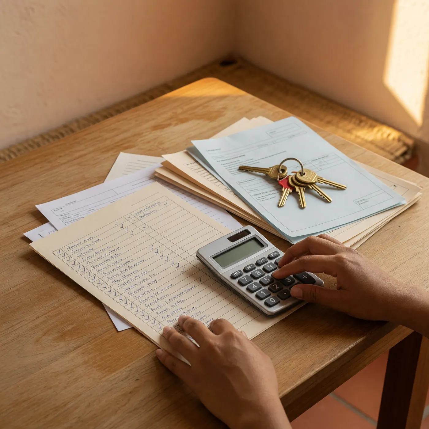 Manos usando una calculadora junto a documentos de propiedad y llaves para planear gastos de compra de vivienda