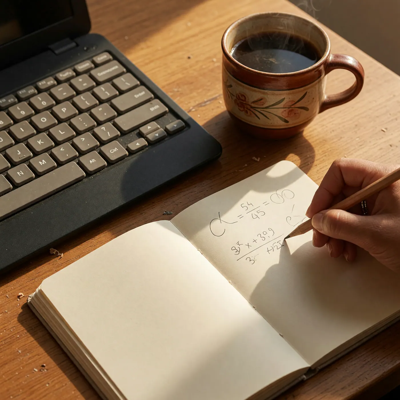 Mano escribiendo una fórmula de nómina en un cuaderno junto al teclado de un portátil y una taza de café