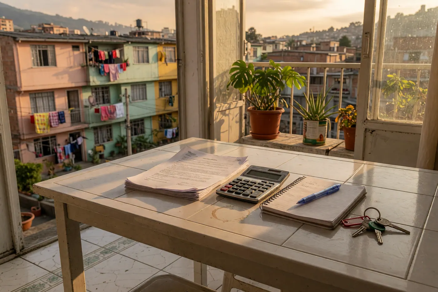Contrato de arriendo, calculadora, cuaderno, llaves y planta sobre una mesa de apartamento