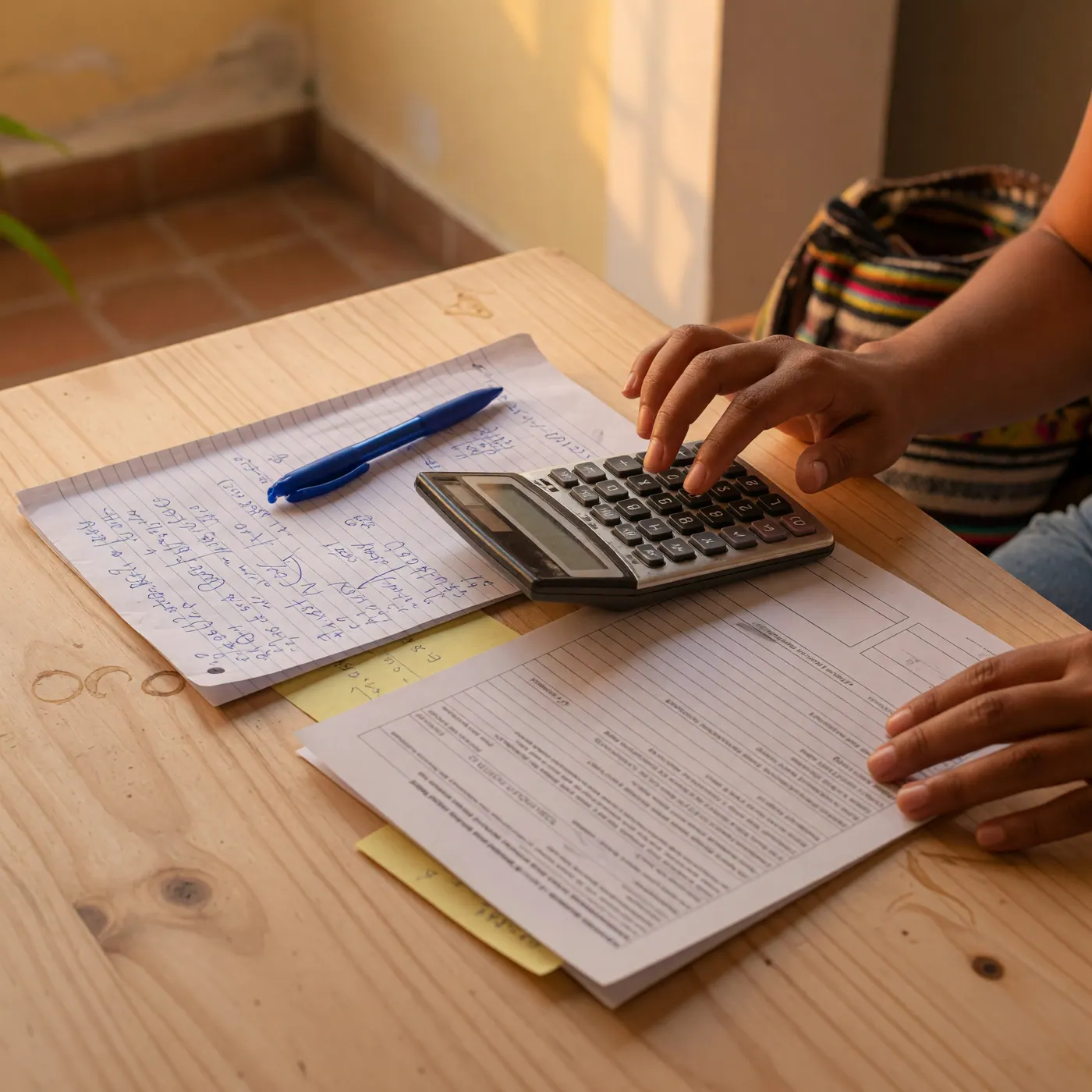 Manos usando una calculadora junto a un contrato de arriendo y un cuaderno