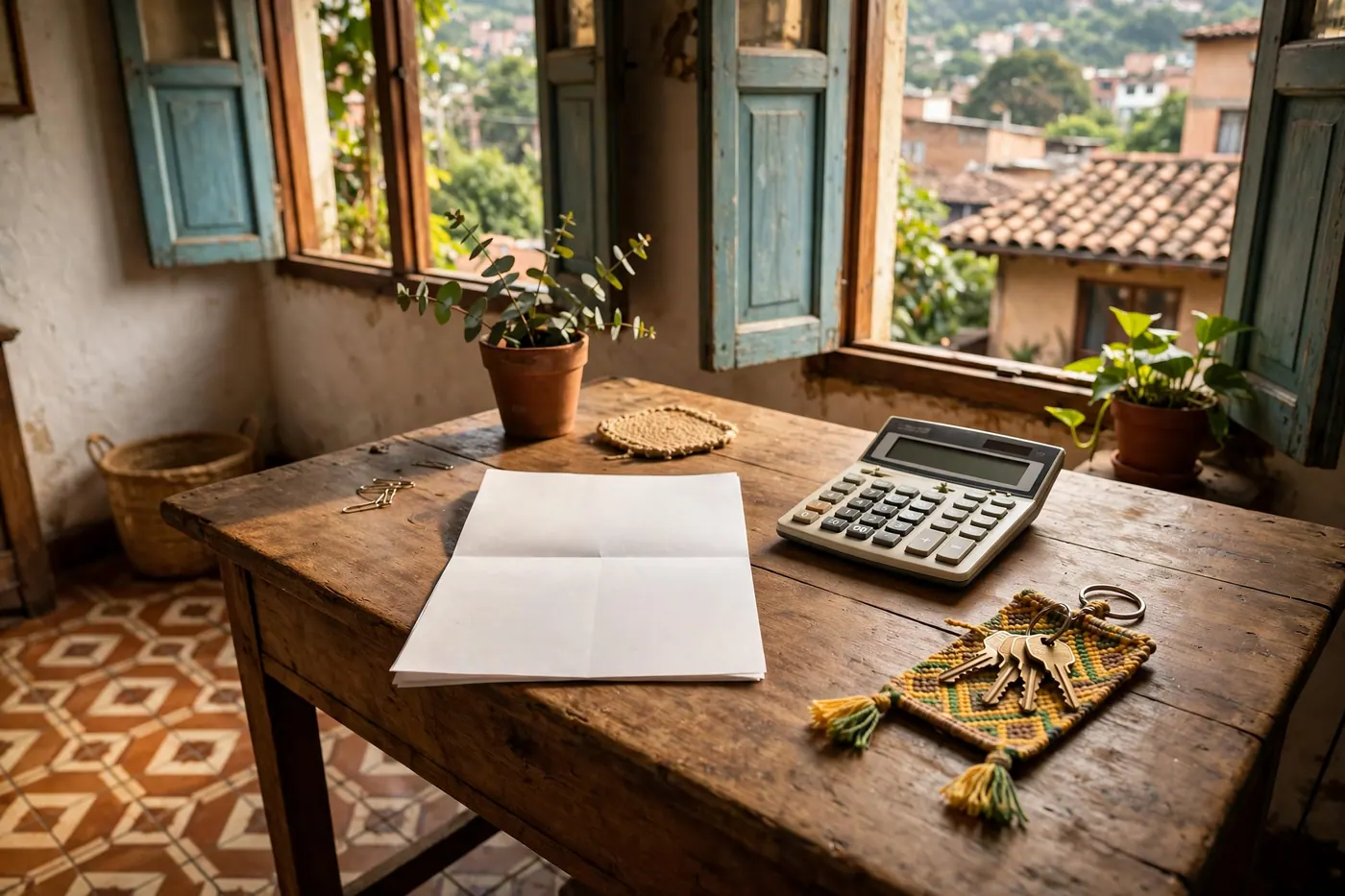 Escritorio de madera con calculadora, llaves artesanales y un documento junto a una ventana con techos de teja