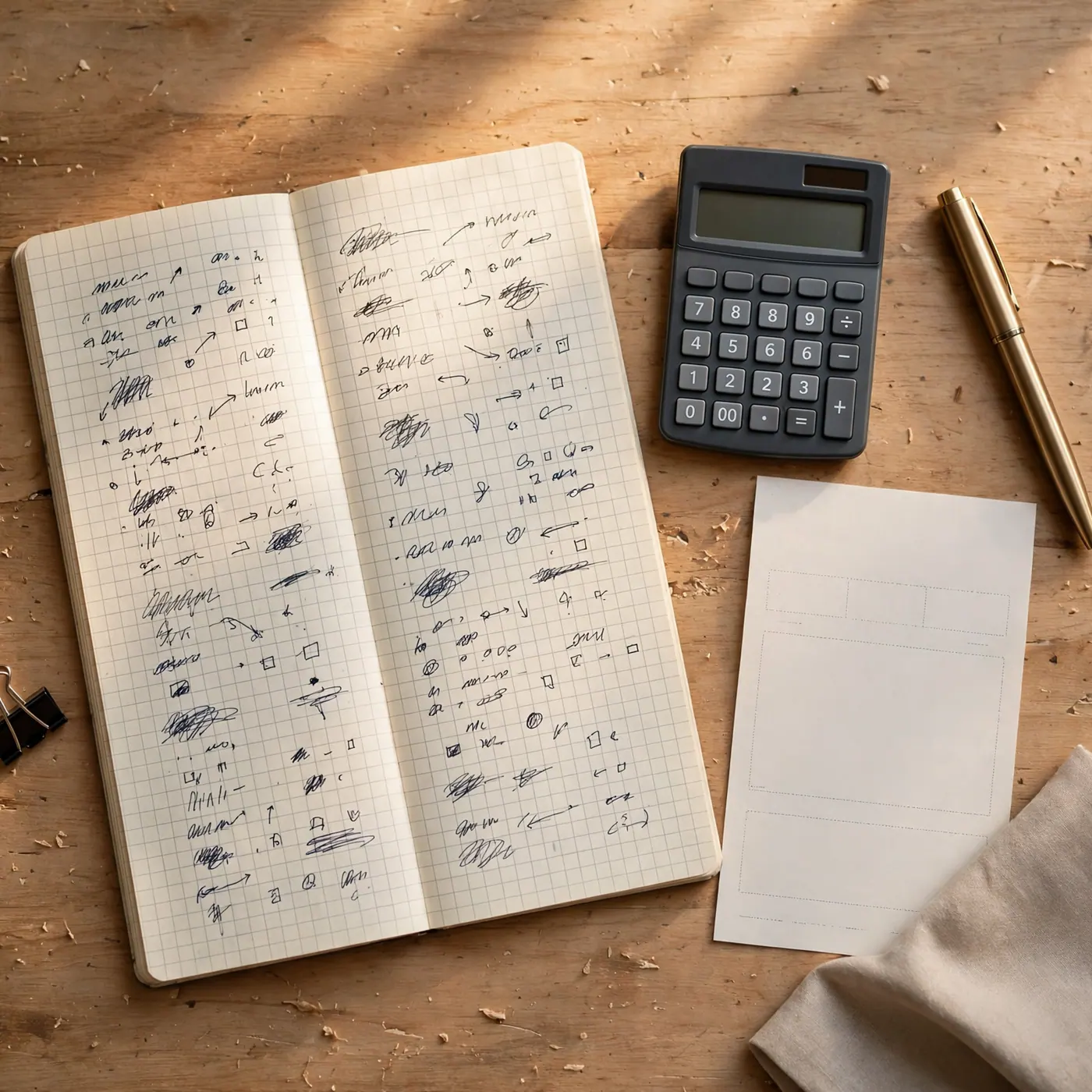 Cuaderno cuadriculado con apuntes, calculadora de bolsillo y un recibo en blanco sobre una mesa de madera