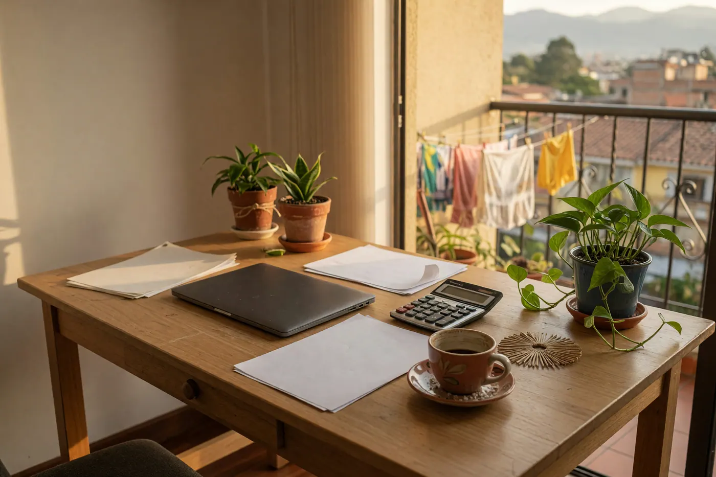 Escritorio con computador portátil cerrado, calculadora, papeles en blanco, plantas y café junto a un balcón con luz natural