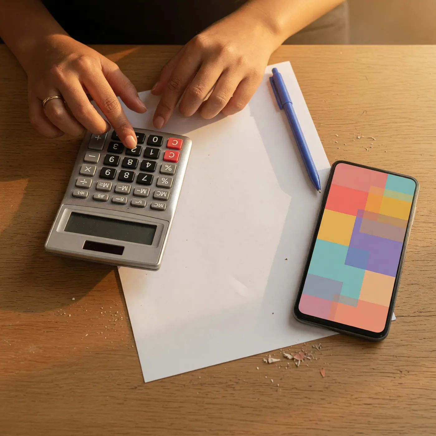 Manos usando una calculadora junto a hojas en blanco, un bolígrafo y un teléfono con formas de colores