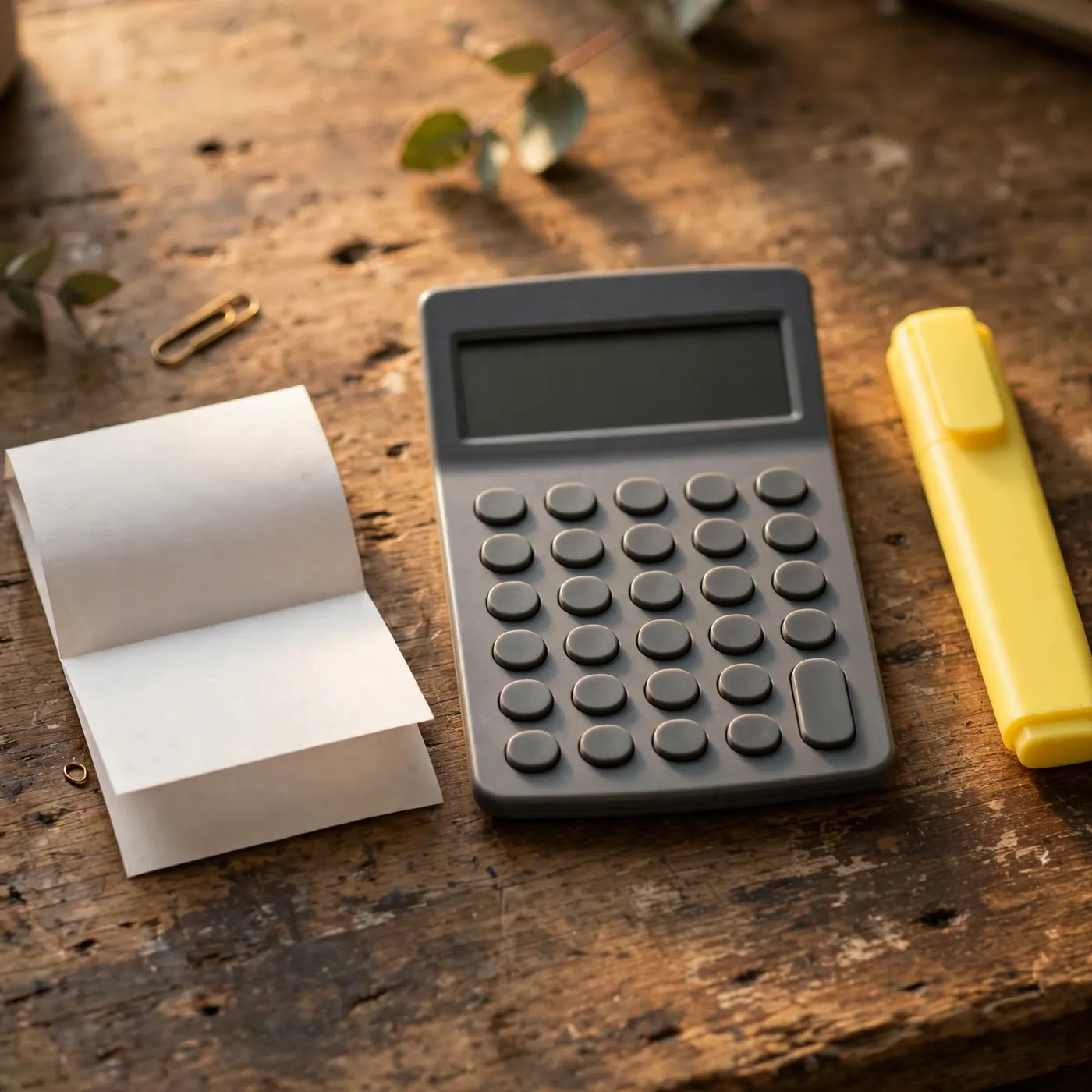 Desprendible doblado junto a una calculadora y un resaltador sobre una mesa de madera