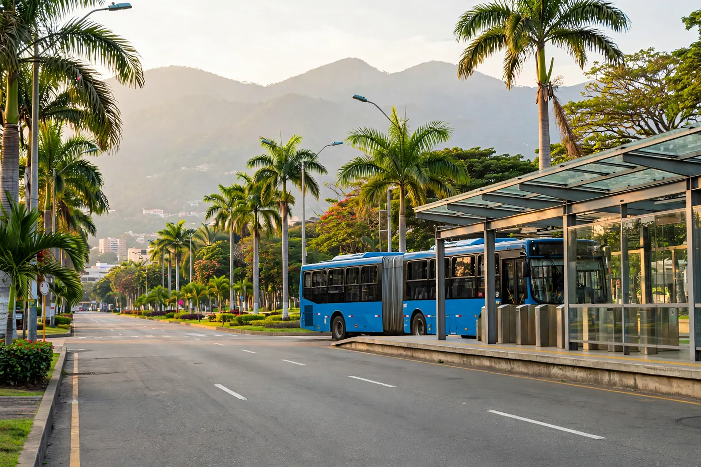 A blue MIO rapid transit bus stopping at an elevated station along Calle 5 with palm trees in Cali, Colombia