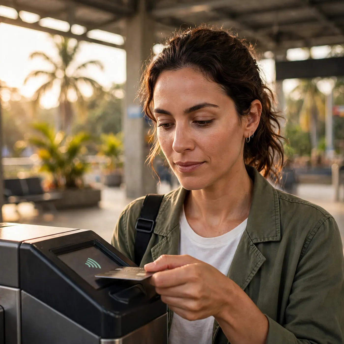 A passenger tapping a contactless payment card on an electronic MIO transit turnstile in Cali