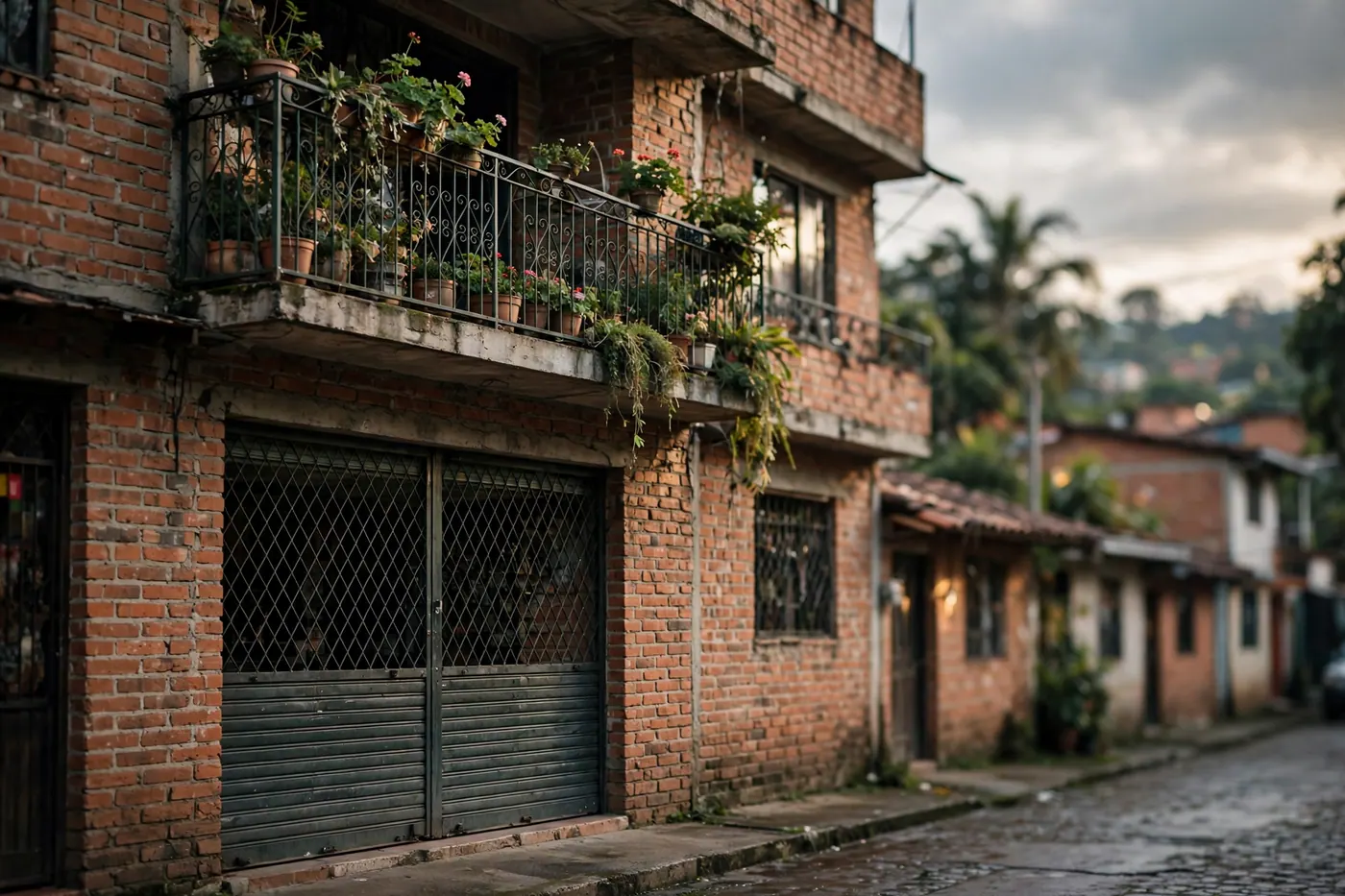Fachada de ladrillo de barrio con reja metálica cerrada en el primer piso y balcón con materas arriba