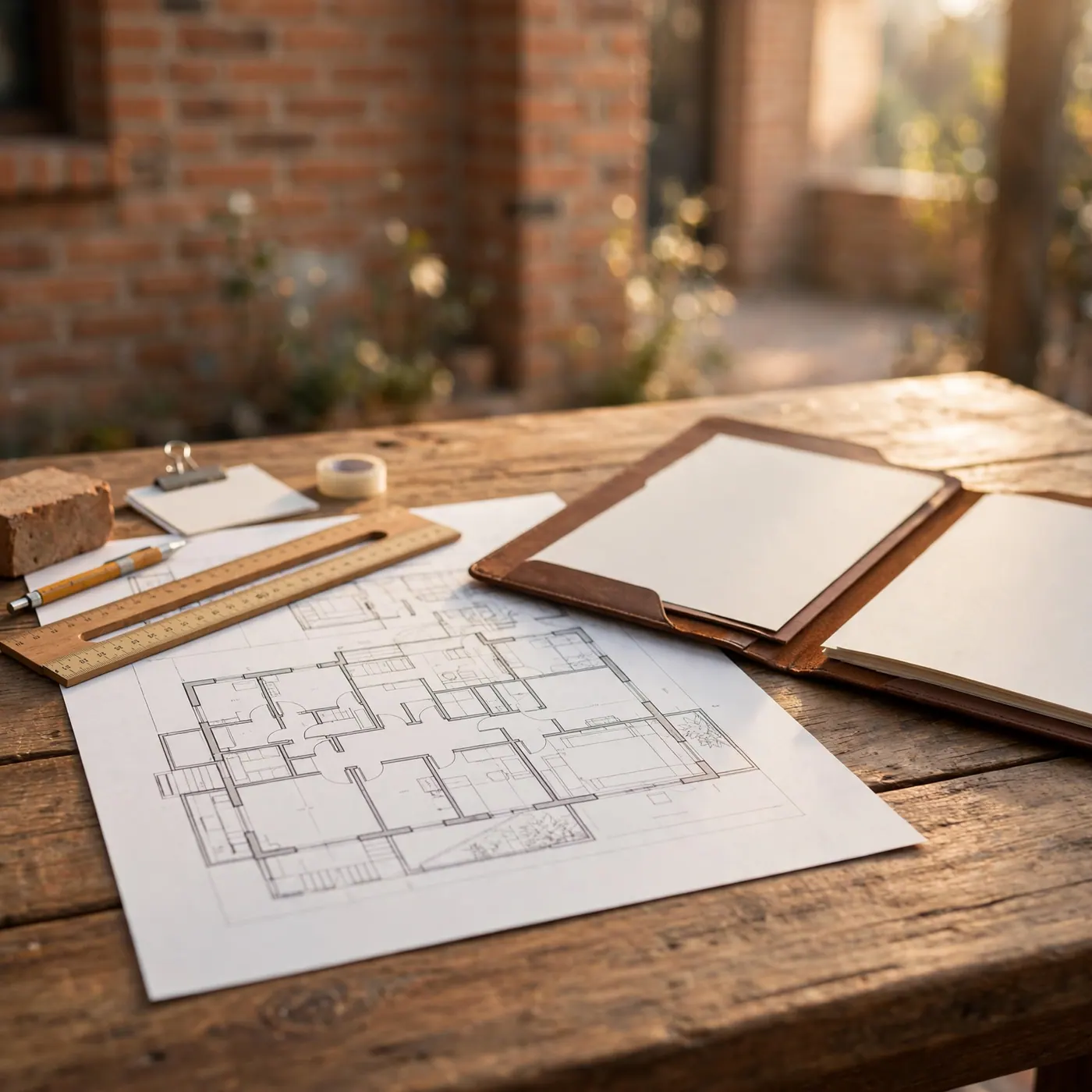 Mesa con plano arquitectónico en papel y carpeta abierta frente a una fachada de ladrillo