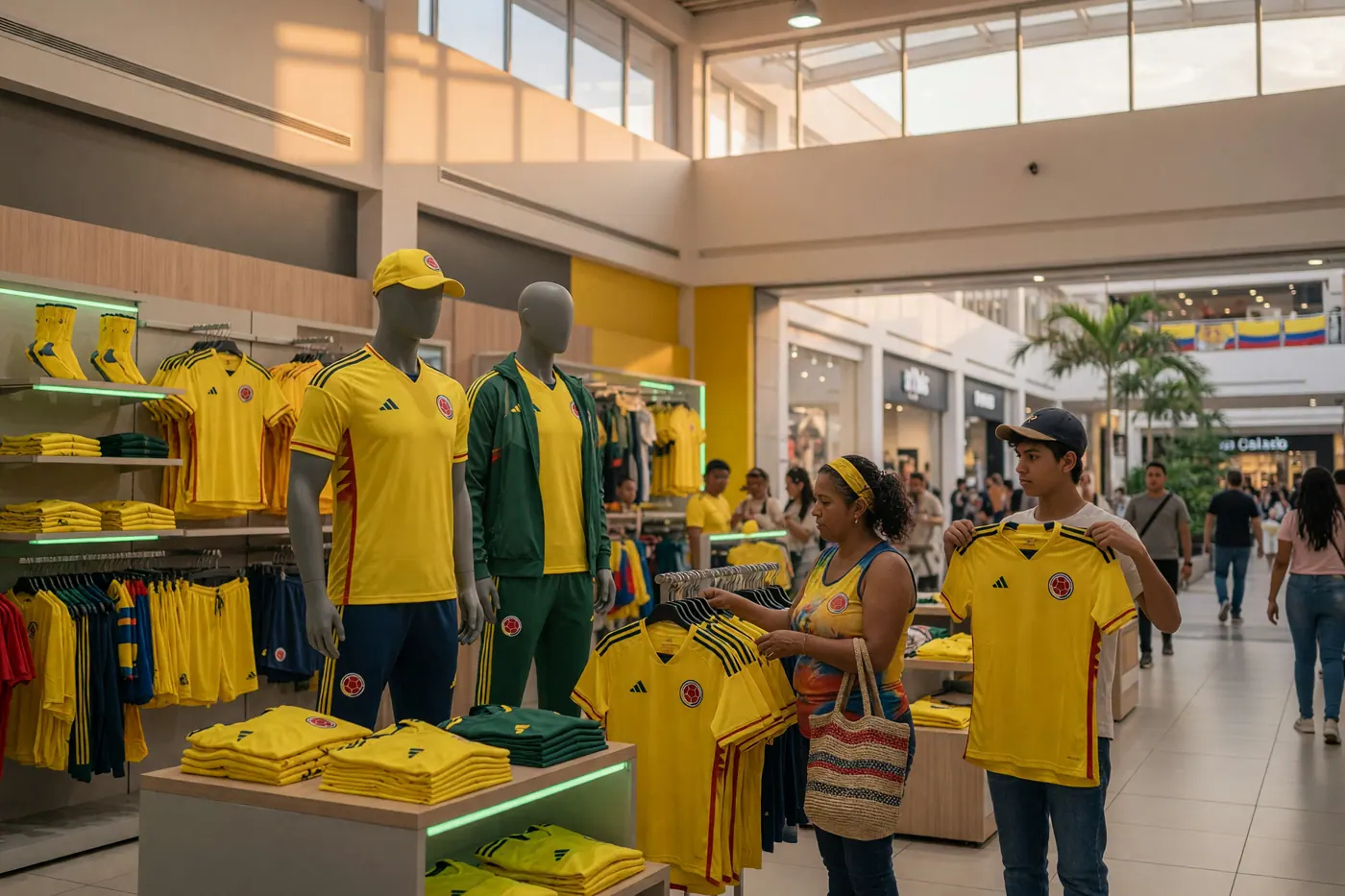 Official yellow Colombia 2026 World Cup soccer jersey displayed in an Adidas store