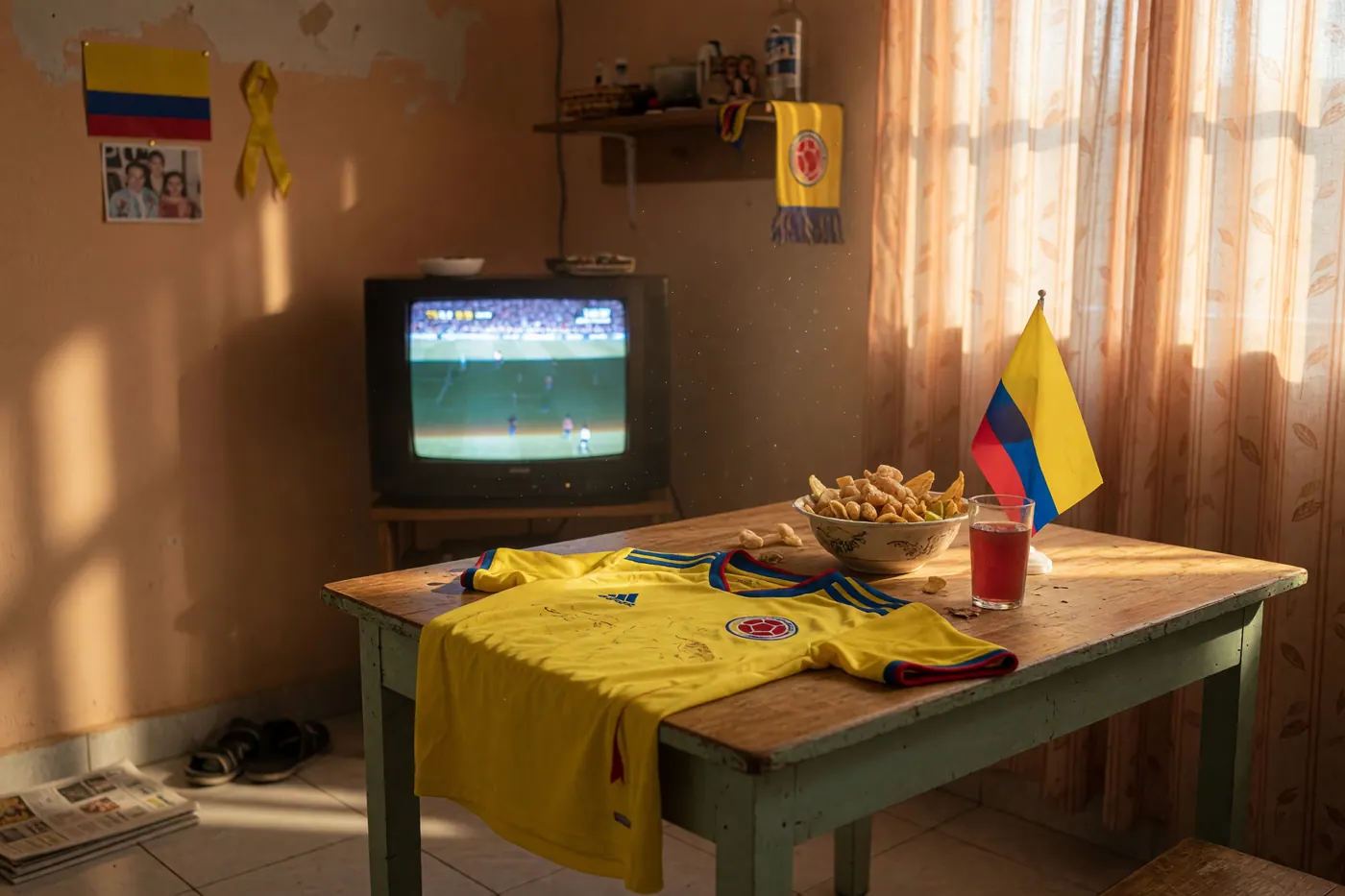 Camiseta amarilla de Colombia doblada sobre una mesa en una sala con televisor encendido para el partido