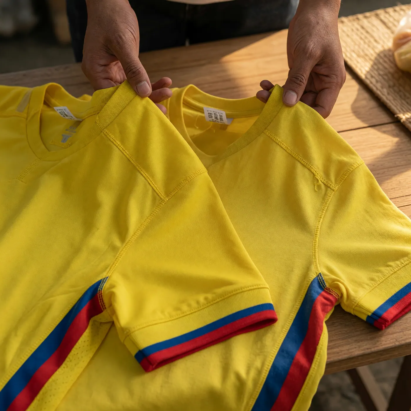 Comparación de dos camisetas amarillas de fútbol: una con costura y etiqueta de calidad, otra de tela casual fan
