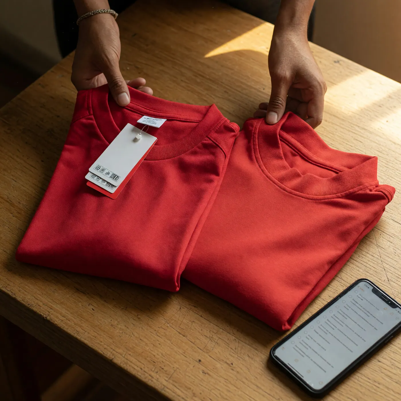 Manos comparando dos camisetas rojas de fútbol dobladas sobre una mesa, una con etiqueta de licencia oficial y otra sin etiqueta, junto a un teléfono con lista de verificación de compra
