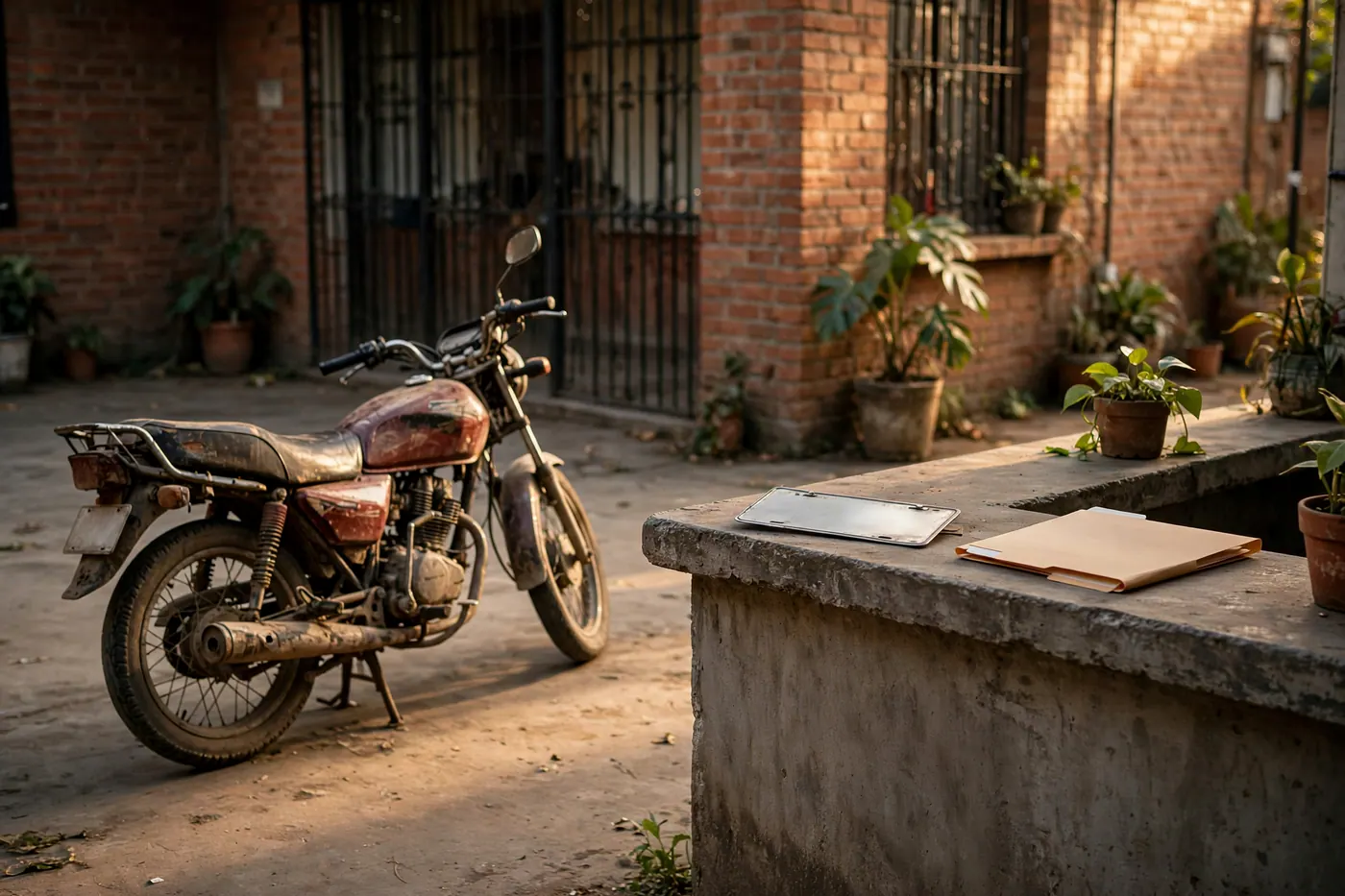 Moto usada y polvorienta junto a un mostrador de concreto, con una placa boca abajo y una carpeta de manila en un patio de tránsito