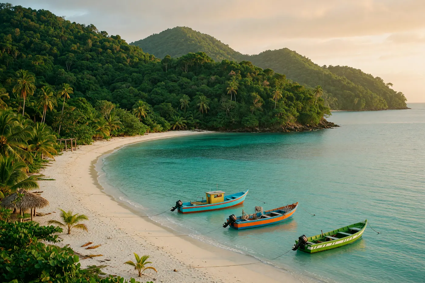 Sapzurro bay in Colombia with turquoise water, lush green hills of the Darién jungle, and small wooden boats on a white sand beach under a clear sky.