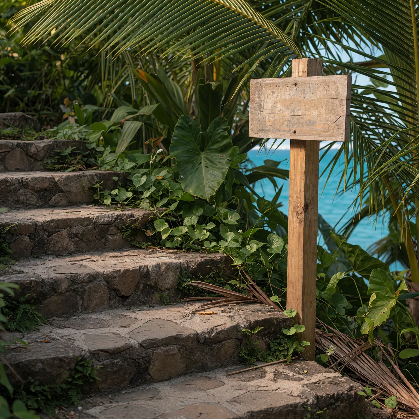 Rustic stone steps and a wooden border signpost on the jungle path between Sapzurro, Colombia and La Miel, Panama.