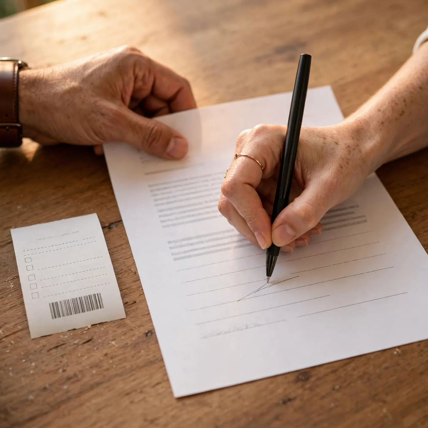 Manos de un adulto firmando una carta formal sobre un escritorio de madera, junto a un comprobante de envío postal con código de barras