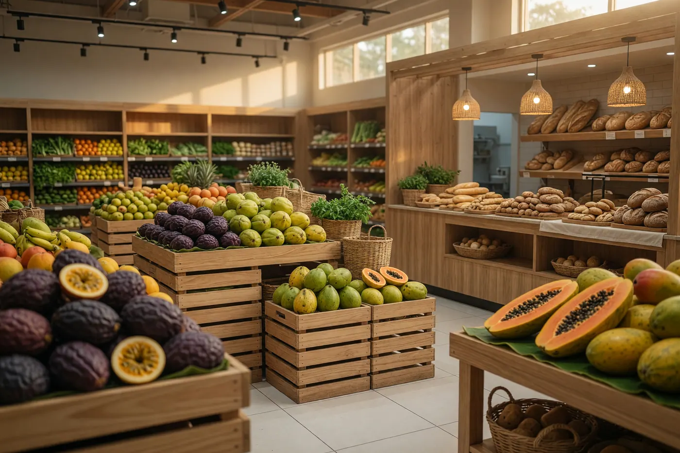 Fresh tropical fruit display inside an upscale Carulla FreshMarket supermarket in Colombia