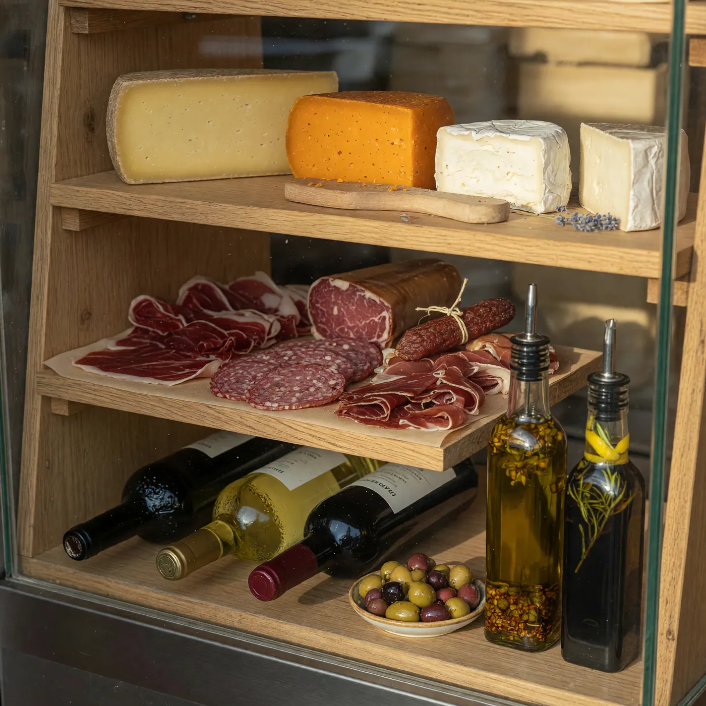 Gourmet cheese, charcuterie, and wine selection at a premium grocery store in Colombia