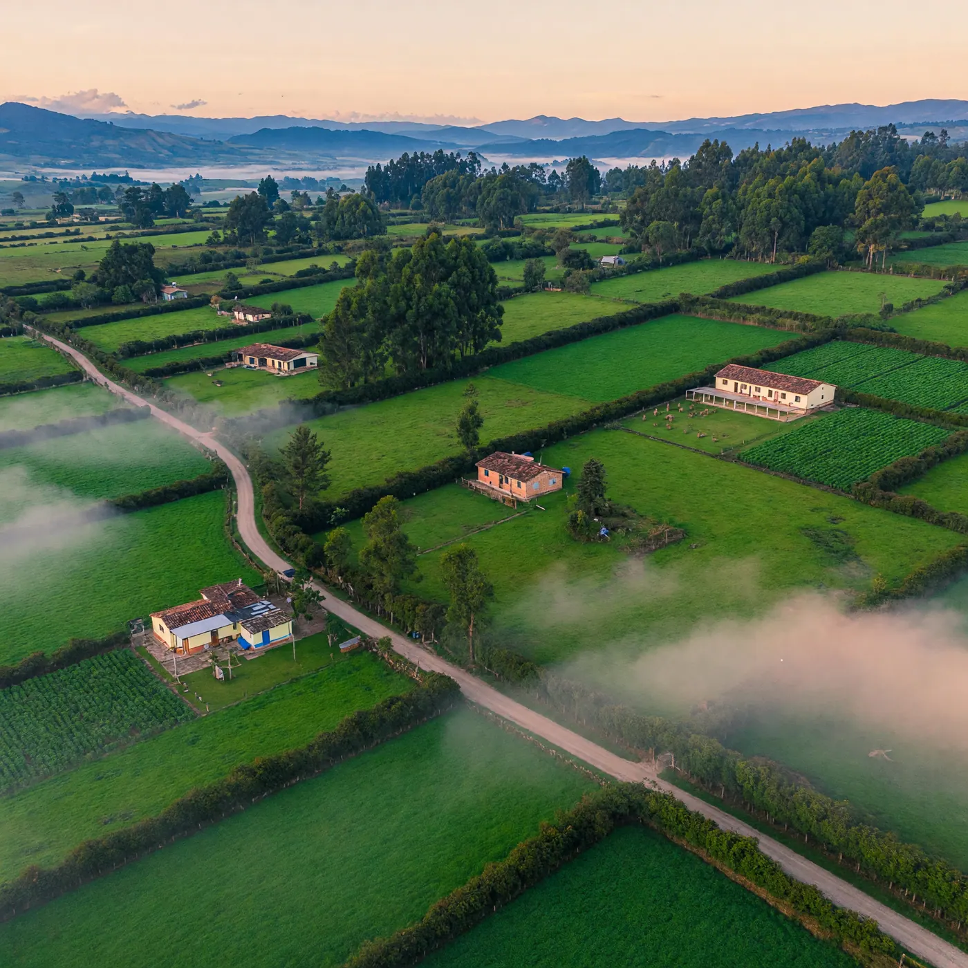 Paisaje verde de montaña en Colombia con casas campestres dispersas