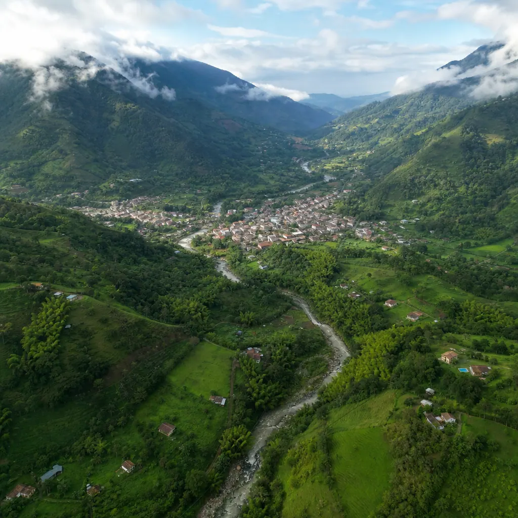 Vista aérea del norte del Valle de Aburrá, cerca de Medellín, con montañas verdes y el río