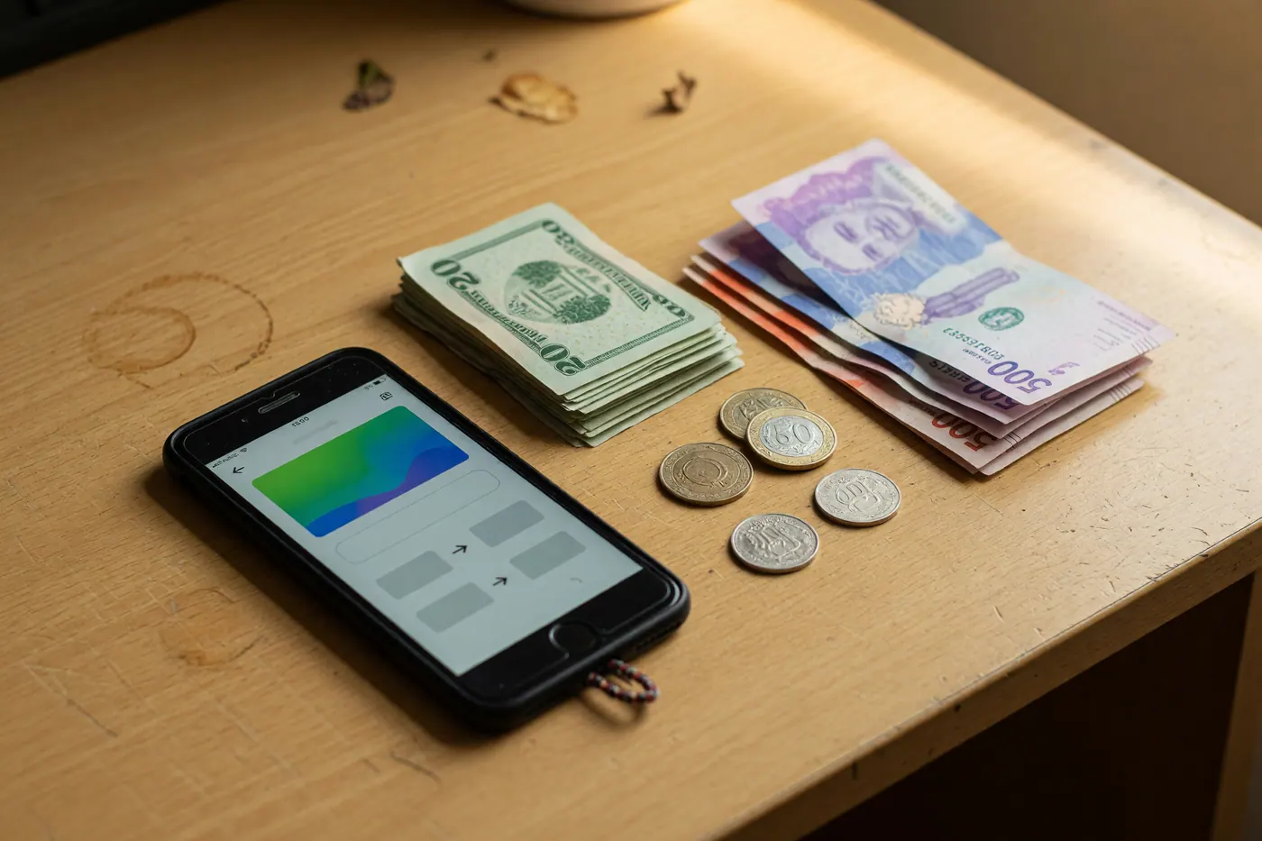 A smartphone money-transfer app beside US dollar bills and Colombian peso banknotes on a wooden desk