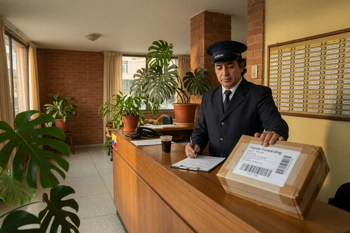 Doorman at a Colombian apartment lobby desk logging a sealed courier parcel on a clipboard